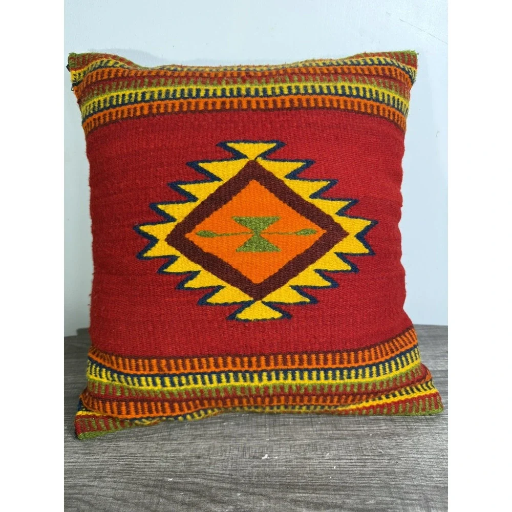 Zapotec Motif Wool Plush Pillow Southwestern Aztec Style